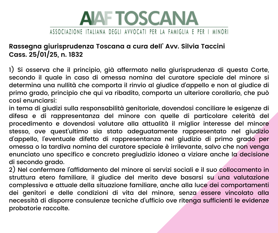 Rassegna giurisprudenza Toscana a cura di Avv. Silvia Taccini Cass. 25/01/25, n. 1832